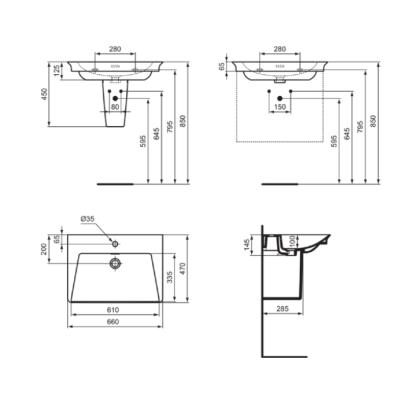 Ideal Standard La Dolce Vita  praustuvas 660x470x145, su anga maišytuvui ir perlaja, baltos spalvos