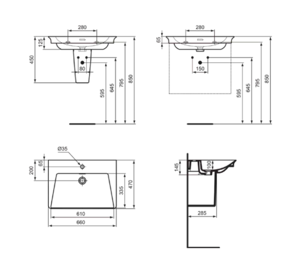 Ideal Standard La Dolce Vita  praustuvas 660x470x145, su anga maišytuvui ir perlaja, baltos spalvos