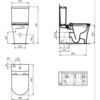 Ideal Standard La Dolce Vita pastatomo klozeto bakelis, 4,5/3L vandens prijungimas iš bakelio apačios