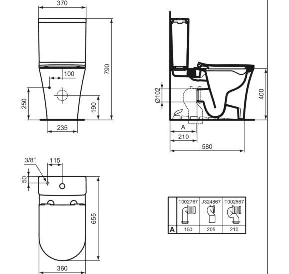 Ideal Standard La Dolce Vita pastatomo klozeto bakelis, 4,5/3L vandens prijungimas iš bakelio apačios