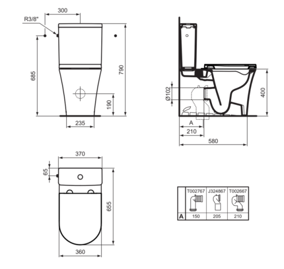 Ideal Standard La Dolce Vita pastatomo klozeto bakelis, 4,5/3L šoninis vandens prijungimas