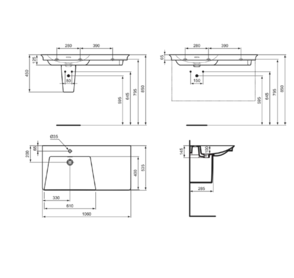 Ideal Standard La Dolce Vita  praustuvas 1060x535x145, baltos spalvos, su anga maišytuvui ir perlaja