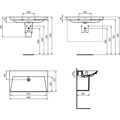 Ideal Standard La Dolce Vita  praustuvas 860x470x145, baltos spalvos, be angos maišytuvui, su perlaja