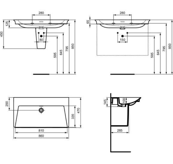 Ideal Standard La Dolce Vita  praustuvas 860x470x145, baltos spalvos, be angos maišytuvui, su perlaja
