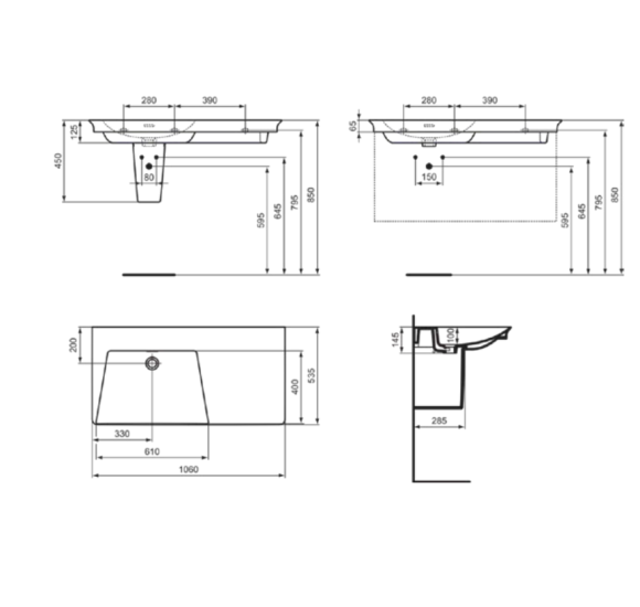 Ideal Standard La Dolce Vita  praustuvas 1060x535x145, baltos spalvos, be angos maišytuvui, su perlaja
