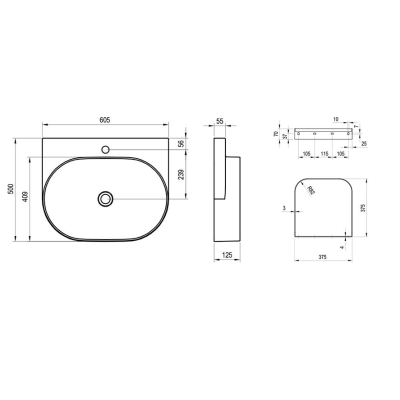 Ravak Yard 600 pakabinamas keraminis praustuvas, juodos matinės spalvos