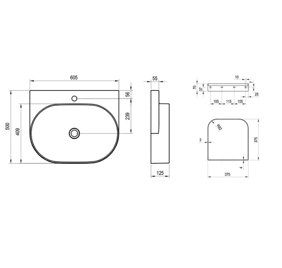 Ravak Yard 600 pakabinamas keraminis praustuvas, juodos matinės spalvos
