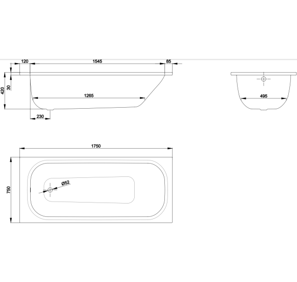 Bette Form plieninė stačiakampė vonia, 1750 × 750 mm, baltos spalvos