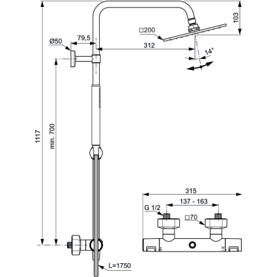 Ideal Standard Ceratherm T25 dušo sistema su termostatiniu maišytuvu, juodos matinės spalvos