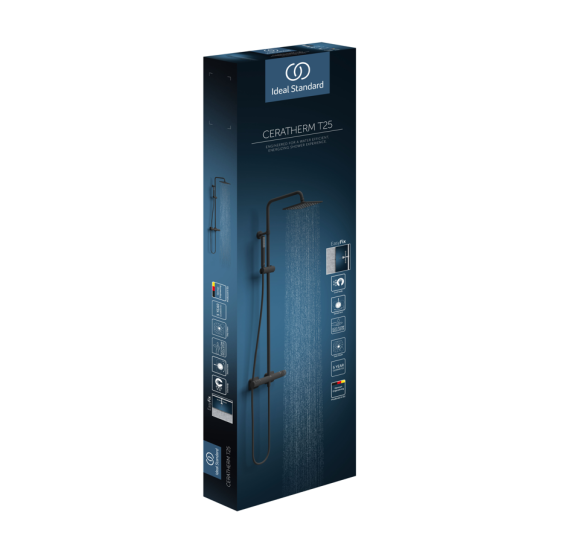 Ideal Standard Ceratherm S200 dušo sistema su termostatiniu maišytuvu, 30 cm lietaus galva, juodos matinės spalvos
