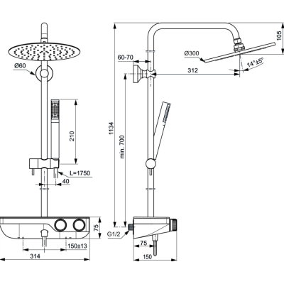 Ideal Standard Ceratherm S200 dušo sistema su termostatiniu maišytuvu, 30 cm lietaus galva, juodos matinės spalvos
