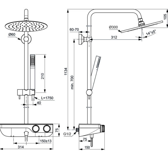 Ideal Standard Ceratherm S200 dušo sistema su termostatiniu maišytuvu, 30 cm lietaus galva, juodos matinės spalvos