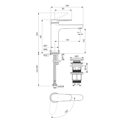 Ideal Standard Cerafine Nuovo H120 maišytuvas praustuvui su dugno vožtuvu komplekte, pasirinkite spalvą