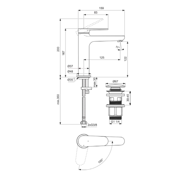 Ideal Standard Cerafine Nuovo H120 maišytuvas praustuvui su dugno vožtuvu komplekte, pasirinkite spalvą