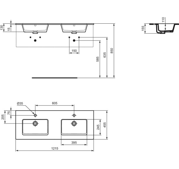 Ideal Standard Eurovit dvigubas montuojamas praustuvas 122 cm, su persipylimo anga, baltos blizgios spalvos
