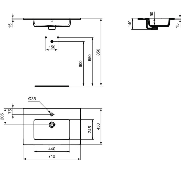 Ideal Standard Eurovit montuojamas praustuvas 71 cm, su persipylimo anga, baltos spalvos