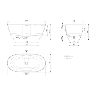 PAA Perla laisvai pastatoma akmens masės vonia 145 x 71 cm, pasirinkite spalvą
