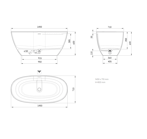 PAA Perla laisvai pastatoma akmens masės vonia 145 x 71 cm, pasirinkite spalvą