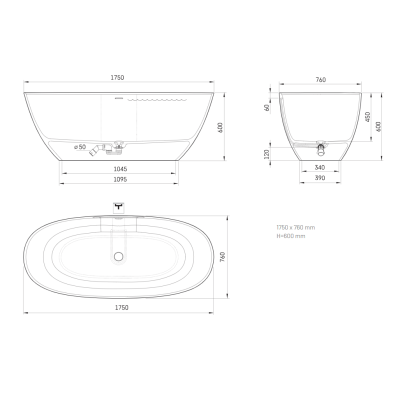 PAA Perla laisvai pastatoma akmens masės vonia  175 x 76 cm, pasirinkite spalvą