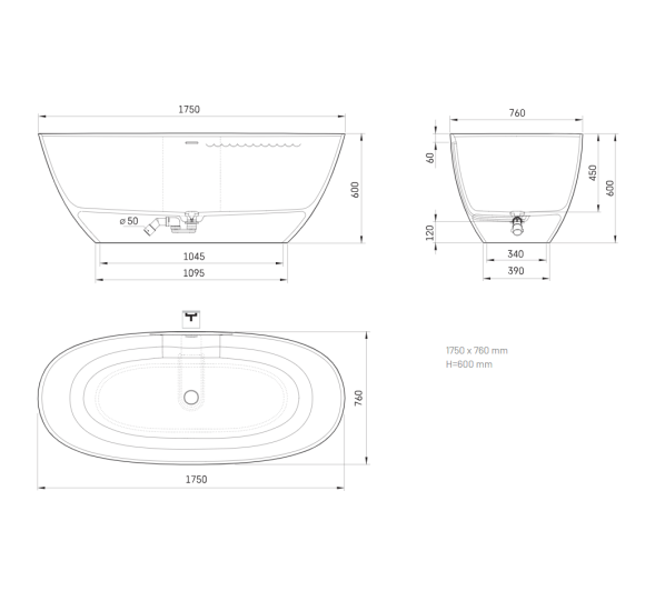 PAA Perla laisvai pastatoma akmens masės vonia  175 x 76 cm, pasirinkite spalvą