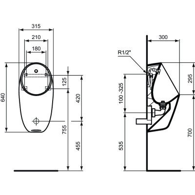 Ideal Standard i.life Rimless pisuaras, pajungimas iš galo, komplekte sifonas ir pajungimo elementai, baltos blizgios spalvos