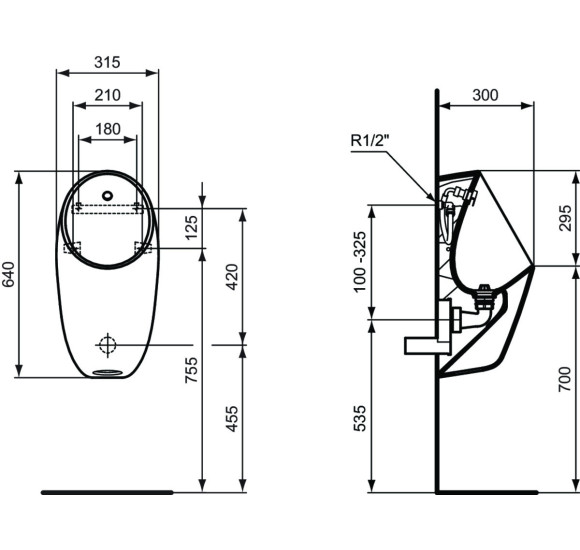 Ideal Standard i.life Rimless pisuaras, pajungimas iš galo, komplekte sifonas ir pajungimo elementai, baltos blizgios spalvos