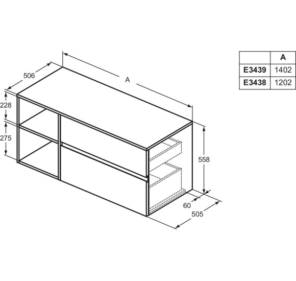 Ideal Standard Finesse pakabinama spintelė su stalviršiu 140x50x58, pasirenkamos spalvos