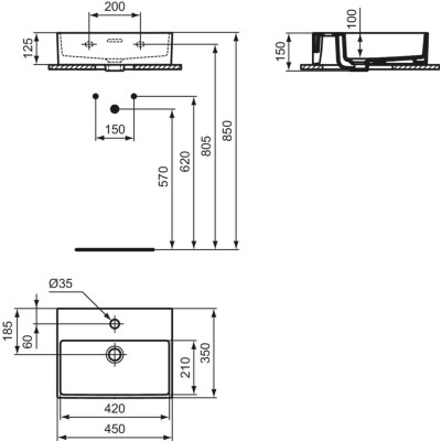 Ideal Standard Extra stačiakampis pakabinamas praustuvas 45 cm, baltos blizgios spalvos
