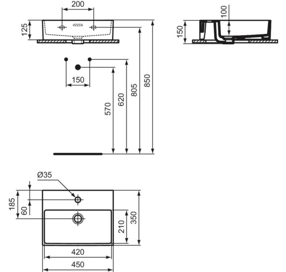 Ideal Standard Extra stačiakampis pakabinamas praustuvas 45 cm, baltos blizgios spalvos
