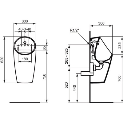 Ideal Standard Sphero MAXI pisuaras Rimless, pajungimas iš galo, baltos blizgios spalvos