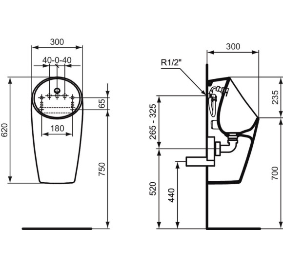 Ideal Standard Sphero MAXI pisuaras Rimless, pajungimas iš galo, baltos blizgios spalvos
