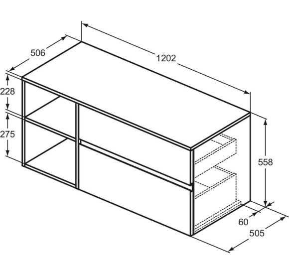 Ideal Standard Finesse pakabinama spintelė su stalviršiu ir dviem stalčiais, 120 x 50 cm, pasirinkite spalvą