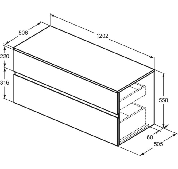 Ideal Standard Finesse pakabinama spintelė praustuvui su stalviršiu ir dviem stalčiais, 120 x 50 cm, pasirinkite spalvą