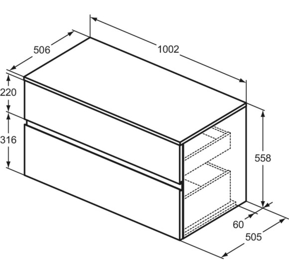 Ideal Standard Finesse pakabinama spintelė praustuvui su stalviršiu ir dviem stalčiais, 100 x 50 cm,  pasirinkite spalvą