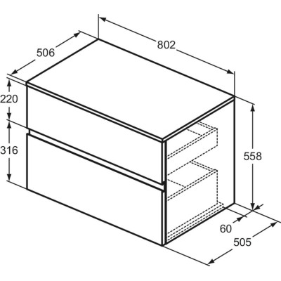 Ideal Standard Finesse pakabinama spintelė praustuvui su stalviršiu ir dviem stalčiais, 80 x 50 cm, pasirinkite spalvą