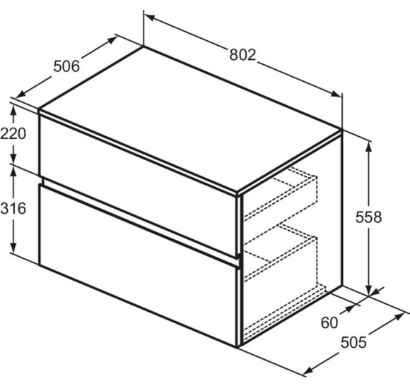 Ideal Standard Finesse pakabinama spintelė praustuvui su stalviršiu ir dviem stalčiais, 80 x 50 cm, pasirinkite spalvą