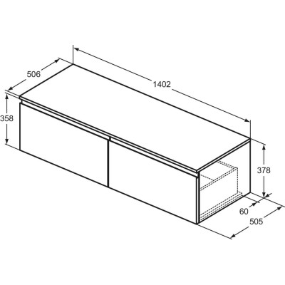 Ideal Standard Finesse pakabinama spintelė praustuvui su stalviršiu ir dviem stalčiais, 140 x 50 cm, pasirinkite spalvą