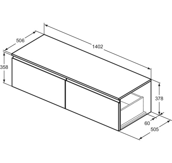 Ideal Standard Finesse pakabinama spintelė praustuvui su stalviršiu ir dviem stalčiais, 140 x 50 cm, pasirinkite spalvą