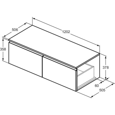 Ideal Standard Finesse pakabinama spintelė praustuvui su stalviršiu ir dviem stalčiais, 120 x 50 cm, pasirinkite spalvą