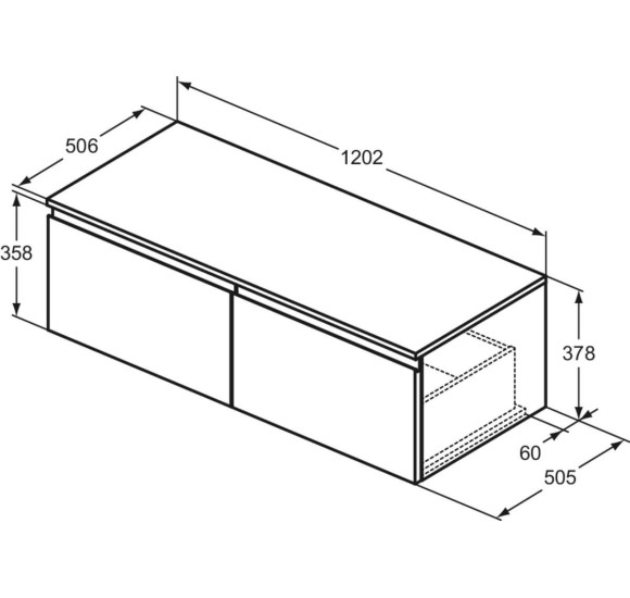 Ideal Standard Finesse pakabinama spintelė praustuvui su stalviršiu ir dviem stalčiais, 120 x 50 cm, pasirinkite spalvą