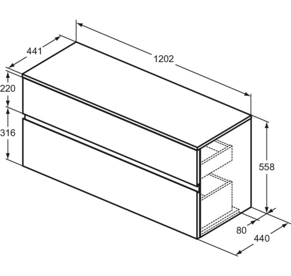 Ideal Standard Finesse pakabinama spintelė praustuvui su stalviršiu ir dviem stalčiais, 120 x 44 cm, pasirinkite spalvą