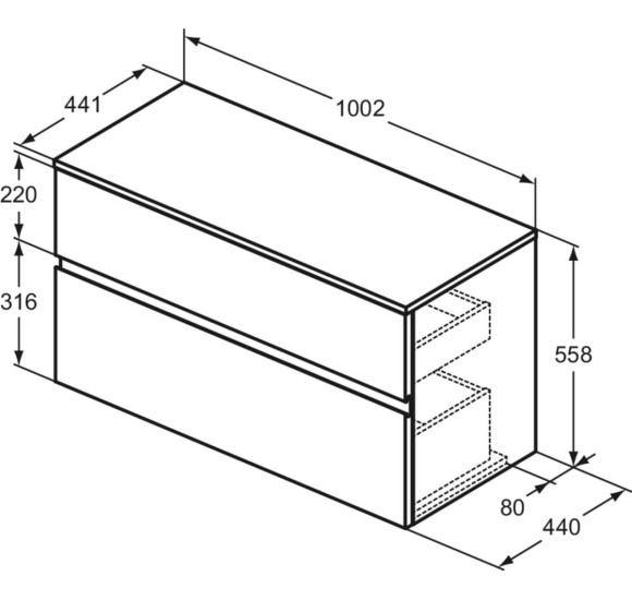 Ideal Standard Finesse pakabinama spintelė praustuvui su stalviršiu ir dviem stalčiais, 100 x 44 cm, pasirinkite spalvą