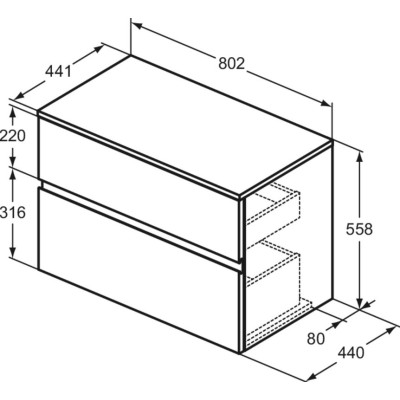 Ideal Standard Finesse pakabinama spintelė praustuvui su stalviršiu ir dviem stalčiais, 80 x 44 cm, pasirinkite spalvą