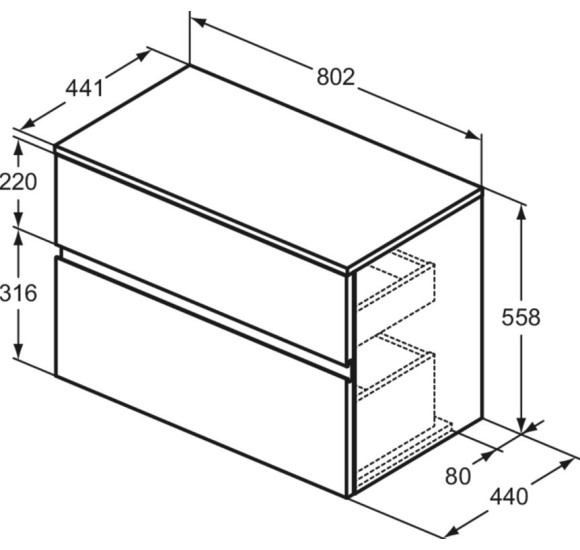 Ideal Standard Finesse pakabinama spintelė praustuvui su stalviršiu ir dviem stalčiais, 80 x 44 cm, pasirinkite spalvą