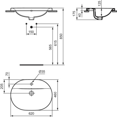 Ideal Standard CONNECT į stalviršį įleidžiamas praustuvas, 62 cm, su skyle maišytuvui, baltos blizgios spalvos