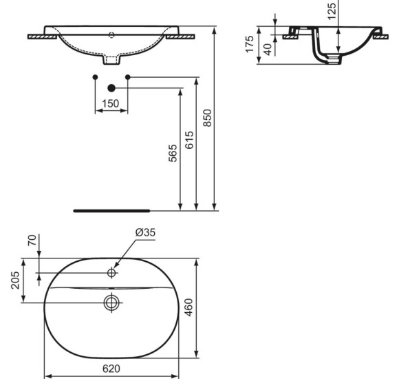 Ideal Standard CONNECT į stalviršį įleidžiamas praustuvas, 62 cm, su skyle maišytuvui, baltos blizgios spalvos