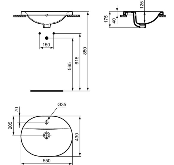 Ideal Standard CONNECT į stalviršį įleidžiamas praustuvas, 55 cm, su skyle maišytuvui, baltos blizgios spalvos