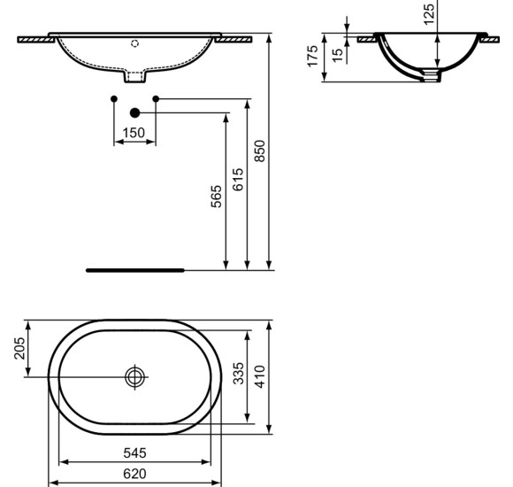 Ideal Standard CONNECT į stalviršį įleidžiamas praustuvas, 62 cm, be skylės maišytuvui, baltos blizgios spalvos