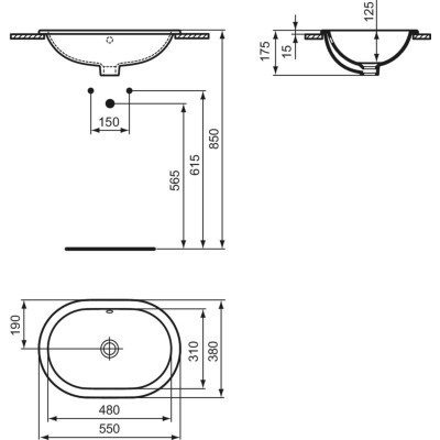 Ideal Standard CONNECT į stalviršį įleidžiamas praustuvas, 55 cm, be skylės maišytuvui, baltos blizgios spalvos
