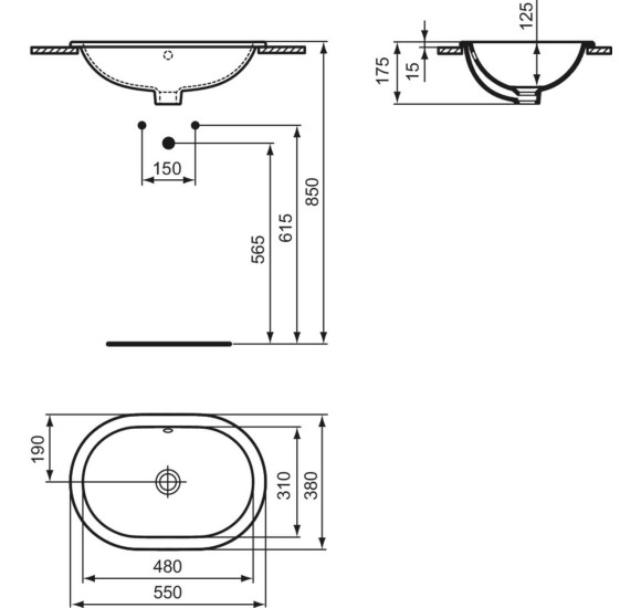 Ideal Standard CONNECT į stalviršį įleidžiamas praustuvas, 55 cm, be skylės maišytuvui, baltos blizgios spalvos